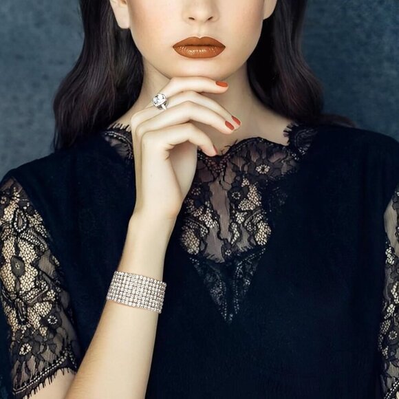 ✨ Fibo Steel Stretch Bracelets Women Silver Rhinestone Sparkly Tennis Jewelry - Picture 4 of 6